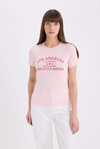 DeFacto Μπλουζάκι με κοντό μανίκι με ριμπ εμπριμέ με λαιμόκοψη κανονικής εφαρμογής E6655ax25sp