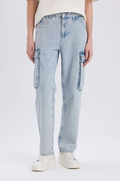 DeFacto 100% βαμβακερό Relax Fit Relaxed Cut Φαρδύ πόδι Cargo Pocket Jean Παντελόνι D7274ax25sp