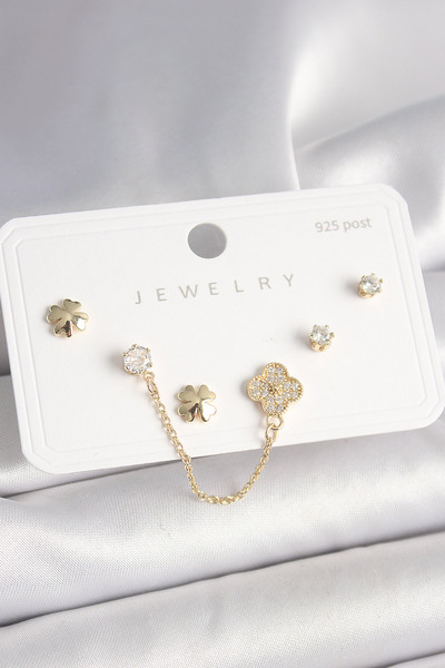 Clariss 925 Ayar Gümüş Çivi Pirinç Gold Renk Zirkon Taşlı Yonca Model Sallant...