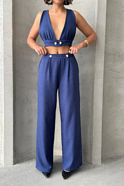 Navy Blue Crop Blouse and Pants Linen Woven Bottom Top Set