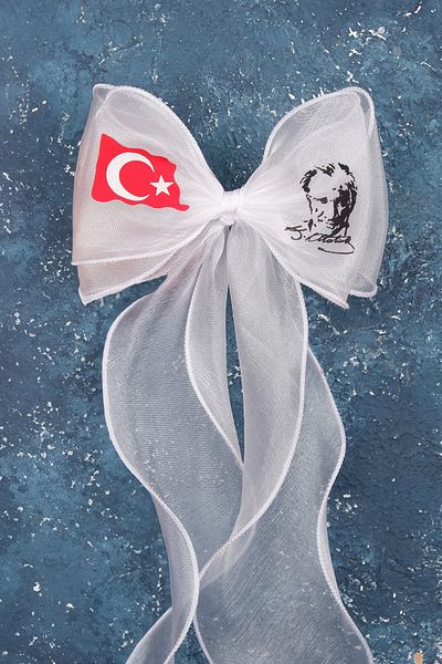 Hayalperest boncuk 23 April White Hair Accessory Ataturk and Turkish Flag Printed Bayram Special Bow Buckle