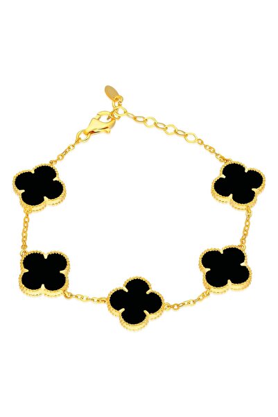 emy by emel luxury silver jewelry Siyah Taşlı Yonca Bileklik Altın Kaplama 92...