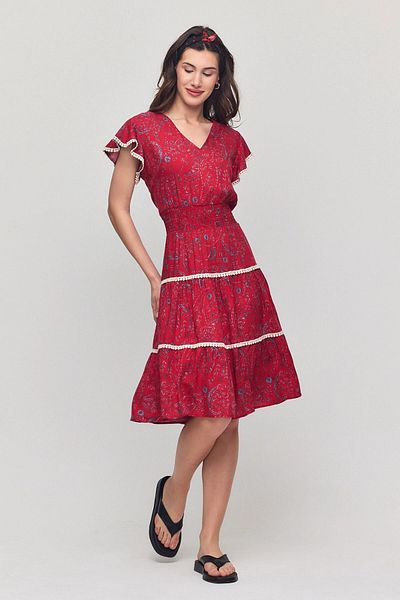 bacc Haunted Floral Patterned Fuchsia V-Neck Dress Viscon Yaliçka Bcvl-25V054
