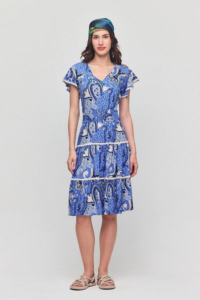 bacc Rochie de vară Viscon, albastră, cu decolteu în V, cu nervuri, cu modele florale Bcvl-25v054