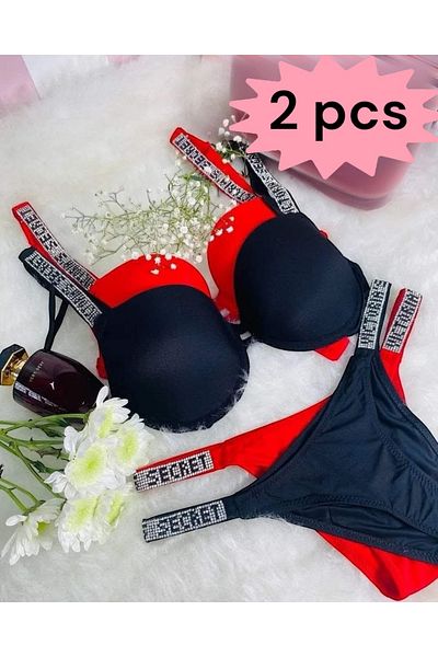 SATTENS 2 bucăți (negru-roșu) Set sutien cu sprijin cu pietre B Cup Set lenjerie intima push-up