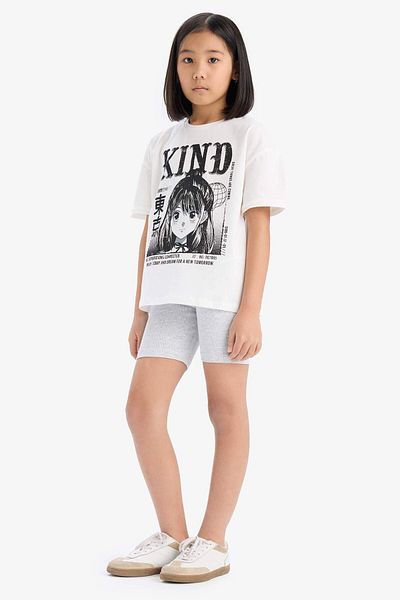 DeFacto Girl's 2 Piece Cotton Set Printed Short Sleeve T-Shirt Biker Leggings