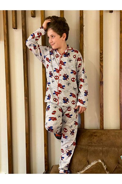 yagmurgiyim Pjkö Spider-Man Patterned Gray Long Sleeve Front Buttoned Boys' Pajamas Set 4-12 Years 539U