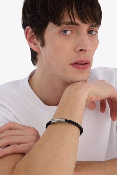 DeFacto Herrenarmband aus schwarzem Leder und Stahl AtolyeWolf x DeFacto E6178AXNS