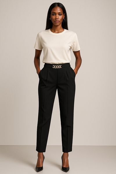 ZBK Carrot Leg Pleated Black Trousers with Chain Belt