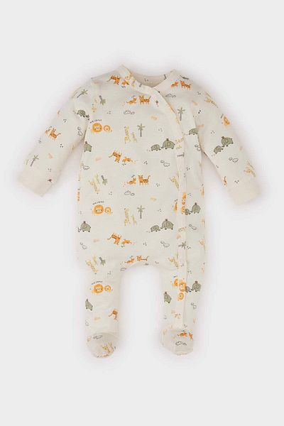 DeFacto Baby-Jungen-Strampler aus gekämmter Baumwolle mit Safari-Aufdruck und langen Ärmeln für Neugeborene E6042A5NS
