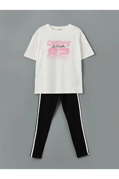 LC Waikiki Ecru Crew Neck Combed Cotton Standard Fit Girls' T-Shirt and Leggings