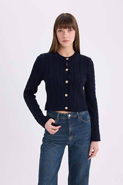 DeFacto Regular Fit Crew Neck Hair Braided Buttoned Knitwear Cardigan C9044Ax25Sp