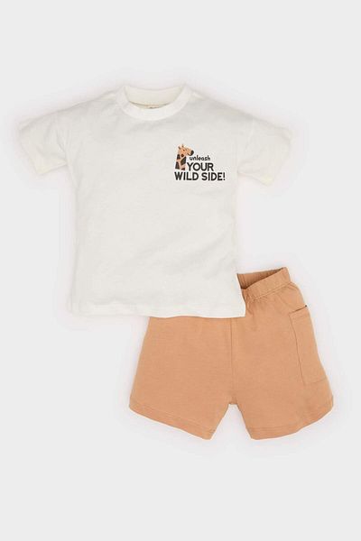 DeFacto Baby Boy 2-Piece Set, Printed Sleeve T-Shirt and Elastic Shorts
