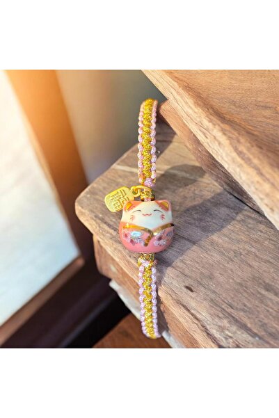 MODA Şans Bilekliği / Maneki Neko kedi figürlü örme şans bilekliği / el yapımı özel tasarım