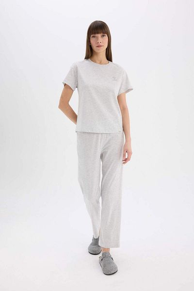 DeFacto Fall In Love Pyjama-Set, reguläre Passform, Rundhalsausschnitt, kurze Ärmel, Oberteil, elastische Taille, langer Boden