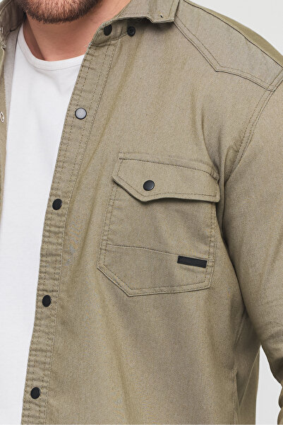 YXC Ανδρικό τζιν πουκάμισο Slim Fit Ανοιχτό Χακί