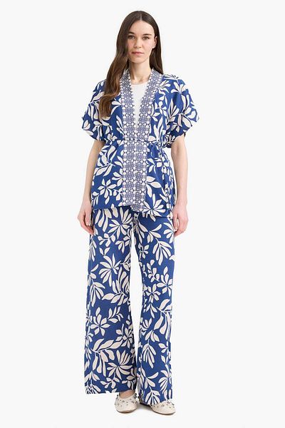 DeFacto Pantaloni din amestec de in, cu picior drept, cu model, cu buzunare, E7329AX25SM