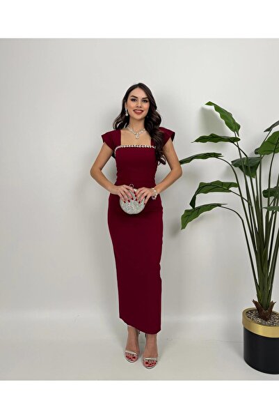 Glysso Özel Tasarım Taş Detaylı Madonna Yaka Bordo Davet Elbisesi