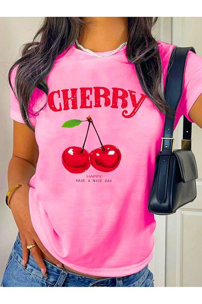 VBSVİBES Tricou roz cu imprimeu Cherry Happy Combinație Mamă Fiică - Tricou oversize cu gât crew