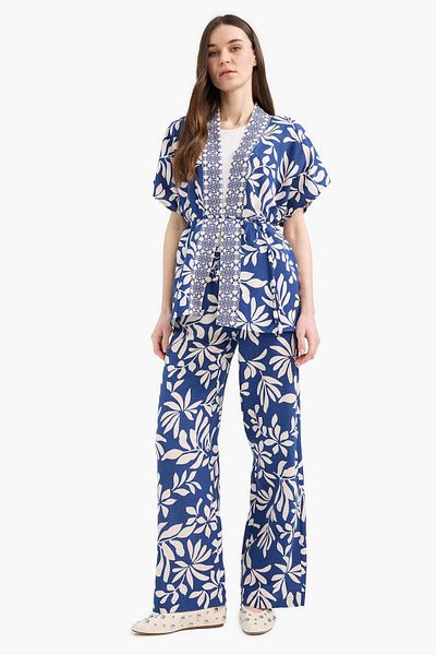 DeFacto Pantaloni din amestec de in, cu picior drept, cu model, cu buzunare, E7329AX25SM