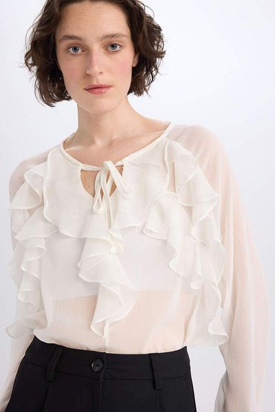 DeFacto Chiffon-Rüschenbluse mit Rundhalsausschnitt – lange Ärmel, normale Passform E7138AX25SP