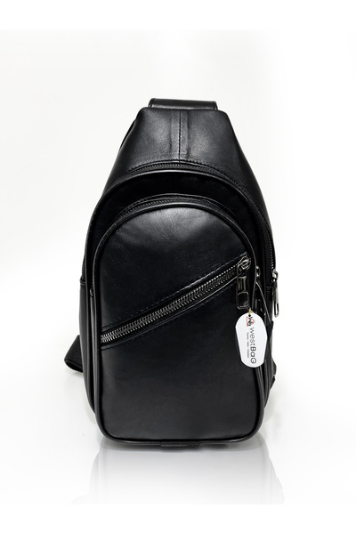 westbag Geantă de talie unisex din piele naturală, neagră, bretea crossbody