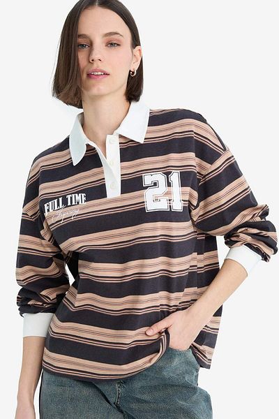 DeFacto Loose Fit Striped Polo Neck Sweatshirt E7887Ax25Sp