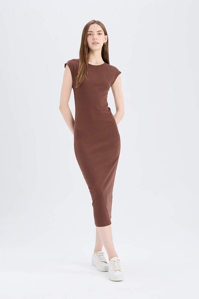 DeFacto Bodycon Body-Hugging Crewneck Rib Short Sleeve Midi Dress D5220Ax25Sp
