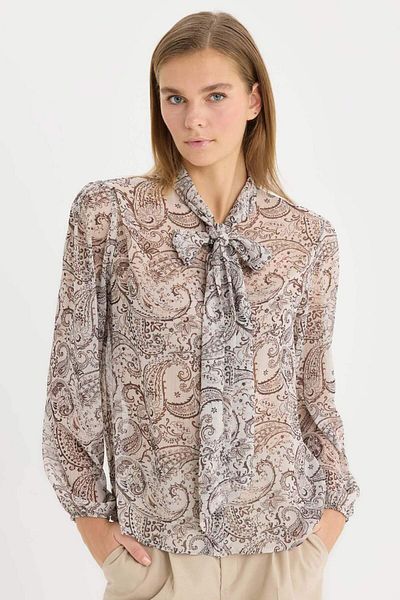 DeFacto Chiffon-Langarmshirt mit normaler Passform, Schleifenkragen und Schalmuster E7174AX25SP