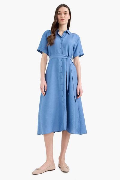 DeFacto Rochie midi cu mânecă scurtă, cu guler de cămașă, cu curea, E7932AX25SP
