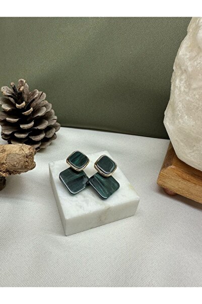 Tudivanyu Aksesuar Green Stone Patterned Dangle Earrings