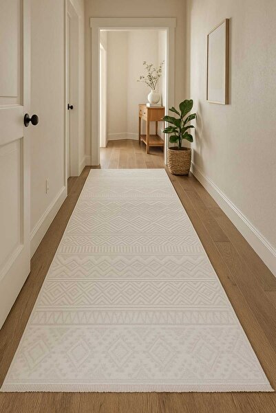 KARAR HALI 120X180 ÖLÇÜSÜNDE KREM RENKLİ BOHEM TARZLI AKRİLİK YOLLUK (EN ÜRÜN)