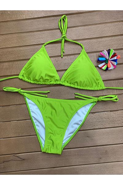 XORVİO Women's New Season Lycra Stretchy Side Neck Tie Stylish Drawstring Triangle Apple Green Bikini Set