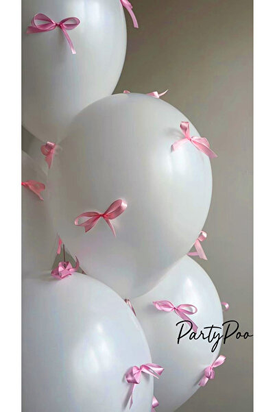 PartyPoo مجموعة بالونات بيضاء مع شريط فيونكة وردية، مجموعة من 10 قطع لحفلات أ...