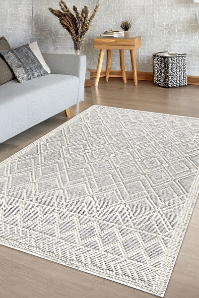 Decomia Home Dijital Baskı Kaymaz Yıkanabilir Gri Krem Salon Halısı Mutfak Ha...