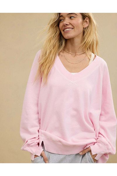AMERICAN EAGLE Aerie Downtime Textured V-neck Sweatshirt