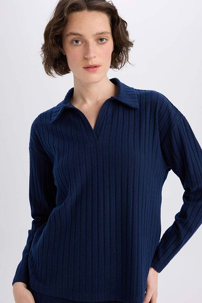 DeFacto Relax Fit Polo Neck Basic Plain Ribbed Camisole Long Sleeve T-Shirt B2404Ax25Sp