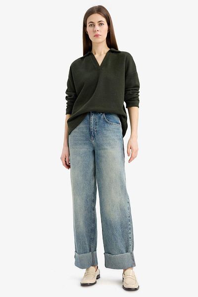 DeFacto Relax Fit Polo Neck Basic Solid Long Sleeve T-Shirt E8681Ax25Sp