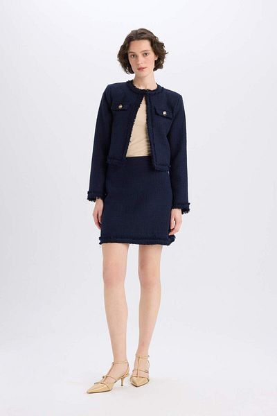 DeFacto Crop Crew Neck Tweed Blazer Jacket D5040AX25SP