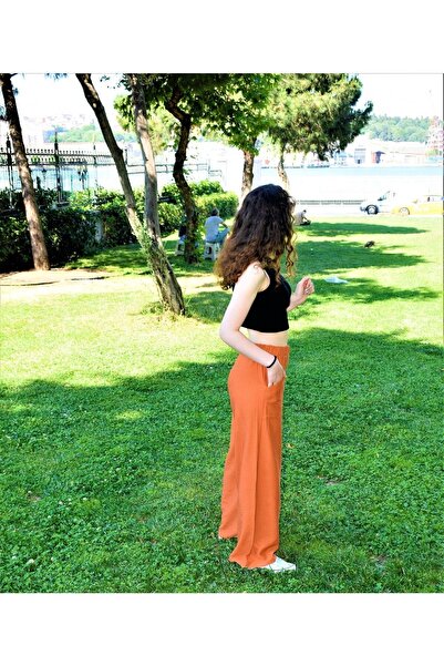 Pasaklı Giyim Women's Tile Loose Wide Leg Elastic Waist Comfortable Double Pocket Linen School Casual Pants 2933250