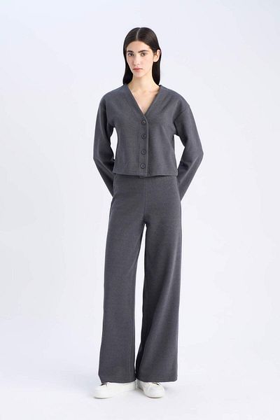 DeFacto 2-Piece Suit V-Neck Button Cardigan Stretchy Waisted Wide Leg Pants E9859Ax24Wn