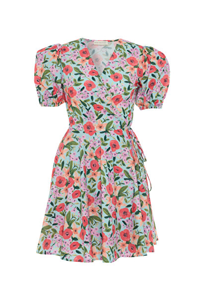 Mudo FLORAL BASKILI KRUVAZE BAĞLAMALI MİNİ ELBİSE