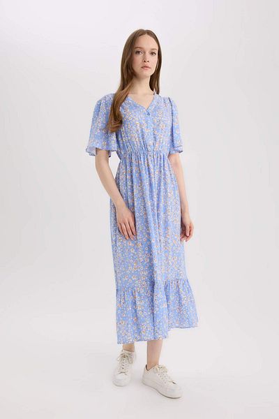 DeFacto Kurzärmliges Midikleid mit normaler Passform und V-Ausschnitt E8664AX25SM