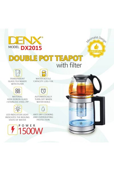 Denx غلاية ومحضر شاي تركي من زجاج بسعة 1.8 لتر + ابريق زجاجي 1 لتر بقوة 1500 واط من دينكس DX2015