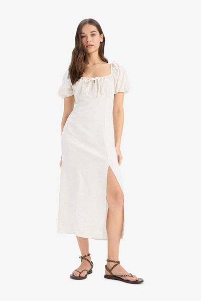 DeFacto A-Line V-Neck Linen Blend Slit Short Sleeve Midi Summer Dress F0534Ax25Sm