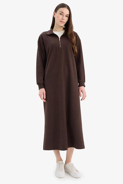 DeFacto Loose Fit Zippered Polo Neck - Thessaloniki Fabric Basic Plain Long Sleeve Midi Dress F1640Ax25Sp