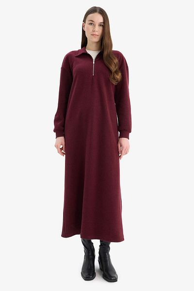 DeFacto Loose Fit με φερμουάρ Polo Neck - Thessaloniki Fabric Basic Μασίφ μακρυμάνικο Midi Φόρεμα F1640ax25sp