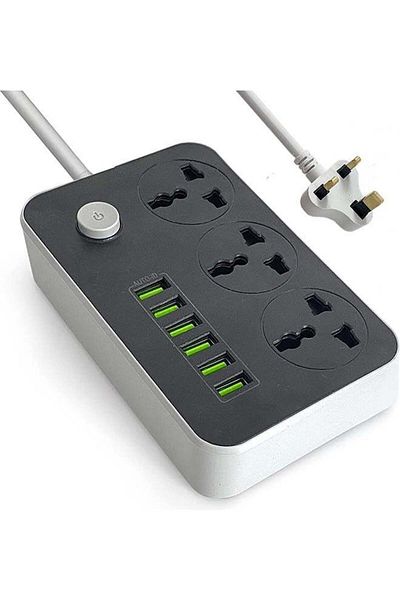 Generic سلك تمديد طاقة دراكسون ثلاثي الاتجاهات، 3 مقابس عالمية، 6 منافذ شحن سريع USB