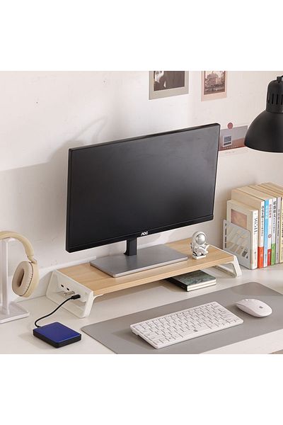FlashHawk حامل شاشة كمبيوتر مع موزع USB، حامل شاشة خشبي 4 في 1 بمنفذ USB لأجهزة الكمبيوتر المكتبية/الكمبيوتر المحمول/الطابعات