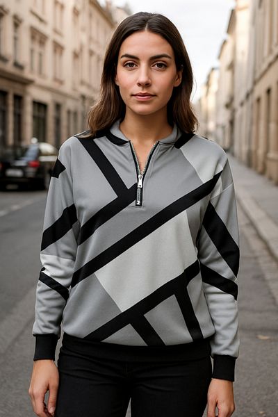 Moda Ebrar Aemido Women's Long Sleeve Round Neck Zipper Patterned Shardon Blouse